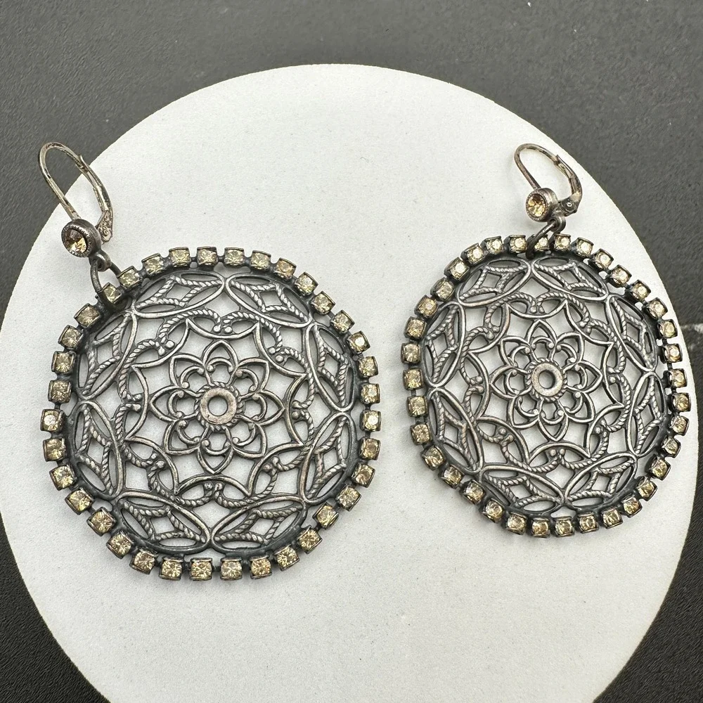 VTG‎ Oxidized Dangle Earrings Brown Rhinestone Filigree Flower Circle Statement